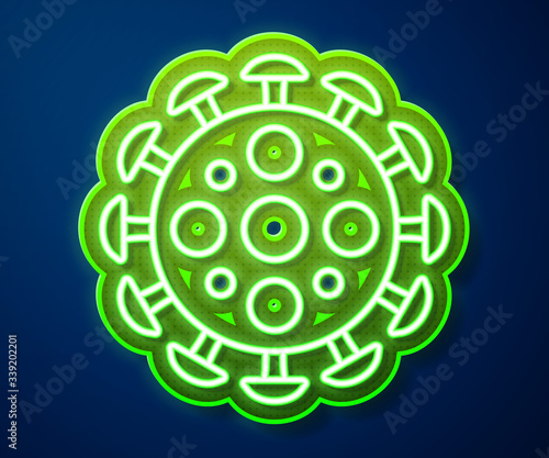Glowing neon line Virus icon isolated on blue background. Corona virus 2019-nCoV. Bacteria and germs, cell cancer, microbe, fungi.  Vector Illustration