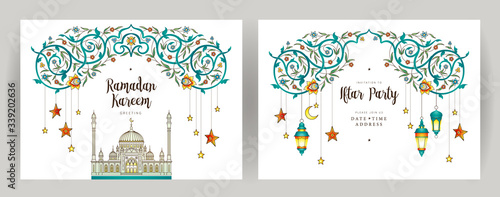Vector cards set Iftar Party celebration, invite. Arabic decoration, lantern, mosque, crescent for Iftar invitation. Card for Muslim feast of the holy of Ramadan month. Ramadan Kareem. Eastern style photo