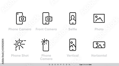 Phone Camera, Front and Back Lens icon set. Selfie, Shot, Vertical, Horizontal Photo. Editable Line vector