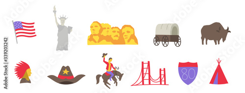 America set of icons. USA tourist attraction. United States of America. Showplace flat vector.