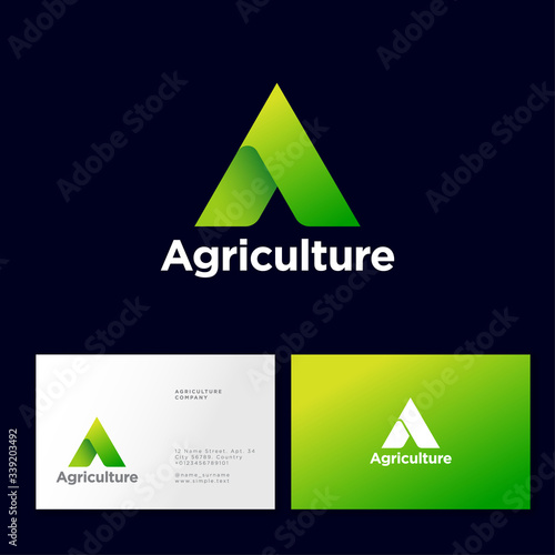 Agriculture Company logo. A monogram consist of green ribbons. Farm fresh food emblem. Business card.