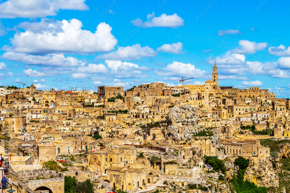 Scenic panoramic sunny summer view of Matera, Province of Matera, Basilicata Region, Italy