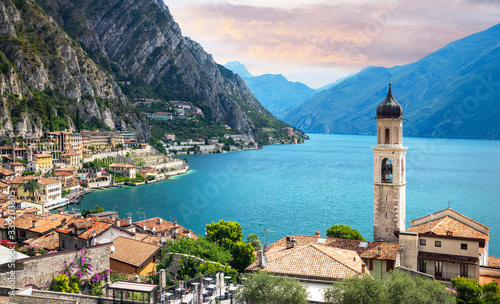 Scenic view on Lake Garda  in Limone sul Garda town, famous tourist destination in Italy photo