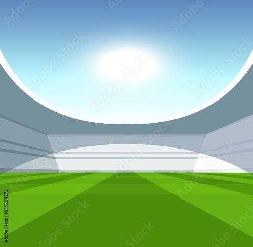 A vector illustartion of a generic seated stadium with a green grass pitch in the day time under a blue cloudy sky