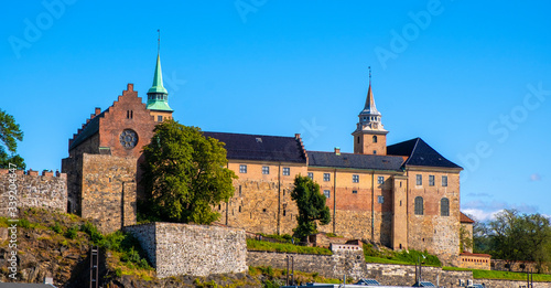 Oslo, Norway - Panoramic view of medieval Akershus Fortress - Akershus Festning - historic royal residence at Oslofjorden sea shore