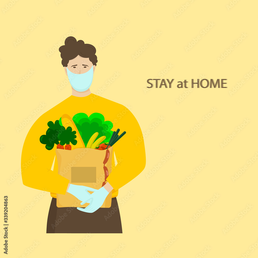 Food delivery man in uniform, gloves, medical mask. Contactless delivery. Delivery to the door. Quarantine. Stay at home Food delivery man in uniform, gloves, medical mask. Contactless delivery. Delivery to the door. Quarantine. Stay at home