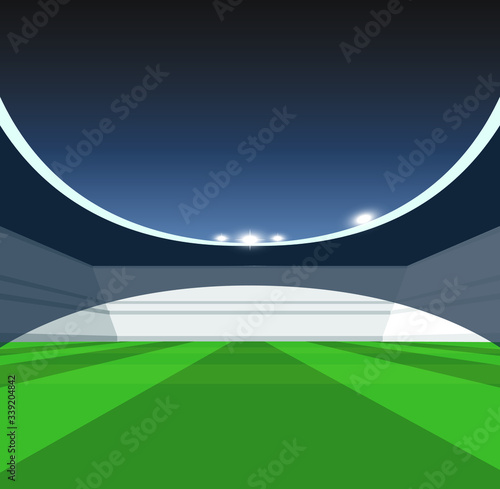 A vector illustration of a generic seated stadium with a green grass pitch at night under illuminated floodlights