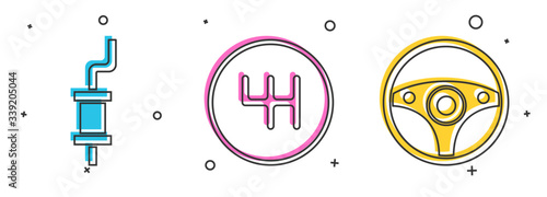 Set Car muffler, Gear shifter and Steering wheel icon. Vector
