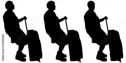 Vector illustration three female silhouettes with luggage on wheels sit one after another. Pensioners on vacation. Retirement. Tourist group. Modern lifestyle. Hand holds the luggage on wheels.