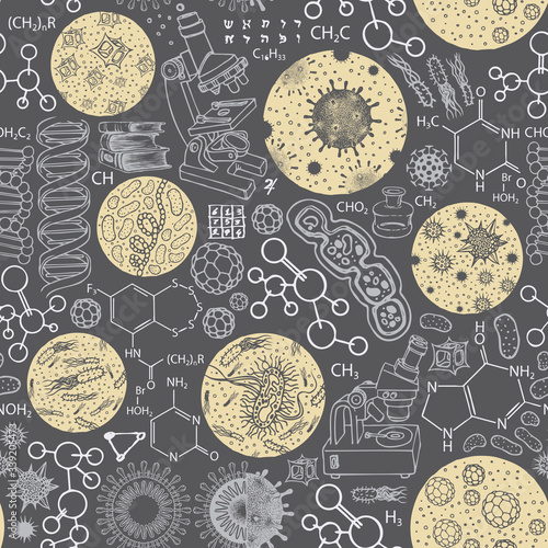 Vector seamless pattern on the theme of chemistry, biology, medicine, genetics. Repeatable illustration with sketches and drawings on a dark background. Suitable for wallpaper, wrapping paper, fabric