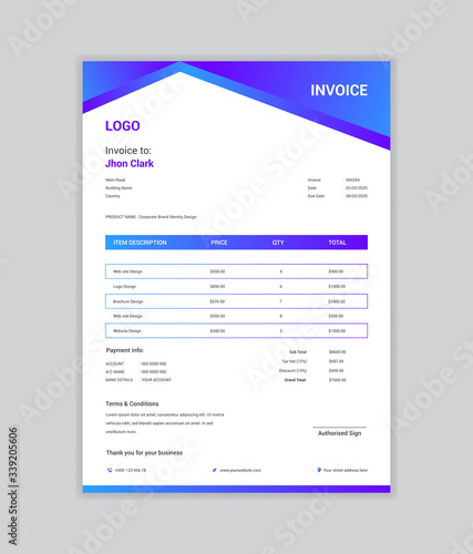 Elegant invoice design for accounting with gradient vector template 
