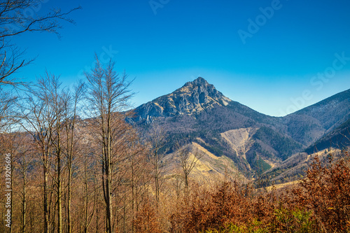Landscape with mountains at springtime. The Great Rozsutec hill in The Mala Fatra National Park  near the village of Terchova in Slovakia  Europe.