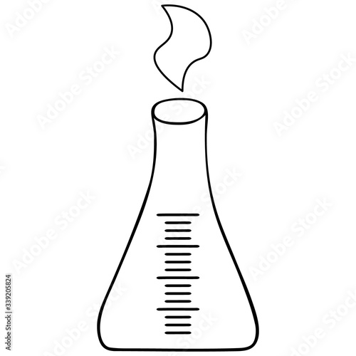 Measuring flask for reagents. Glass container for chemical research in the laboratory. Chemical vapors. Vector illustration. Application in chemistry and medicine. Outline on an isolated background. 
