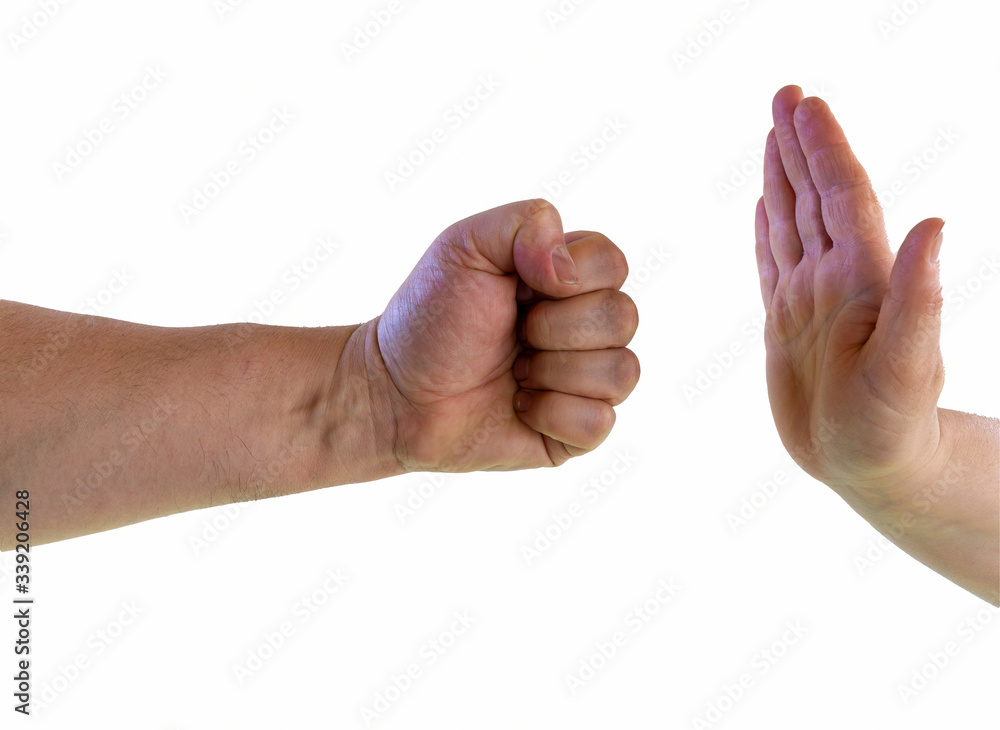 woman using hand palm to stop mans punch from attack, isolated on white background. stop violence against women, campaign concept with copy space.