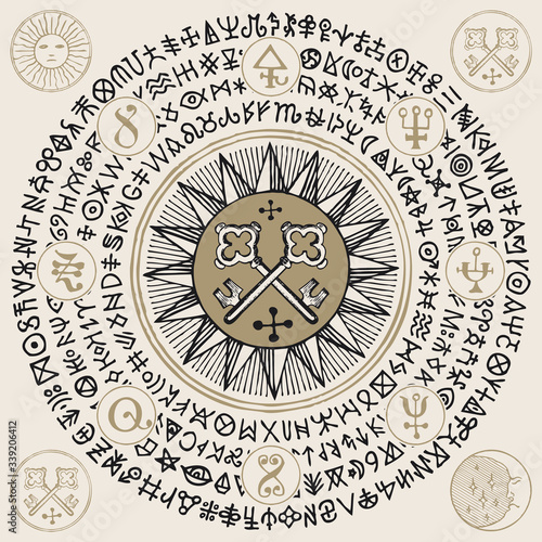 Vector illustration with old crossed keys and alchemical symbols in retro style. Hand-drawn banner with esoteric signs, occult attributes and magic runes written in a circle