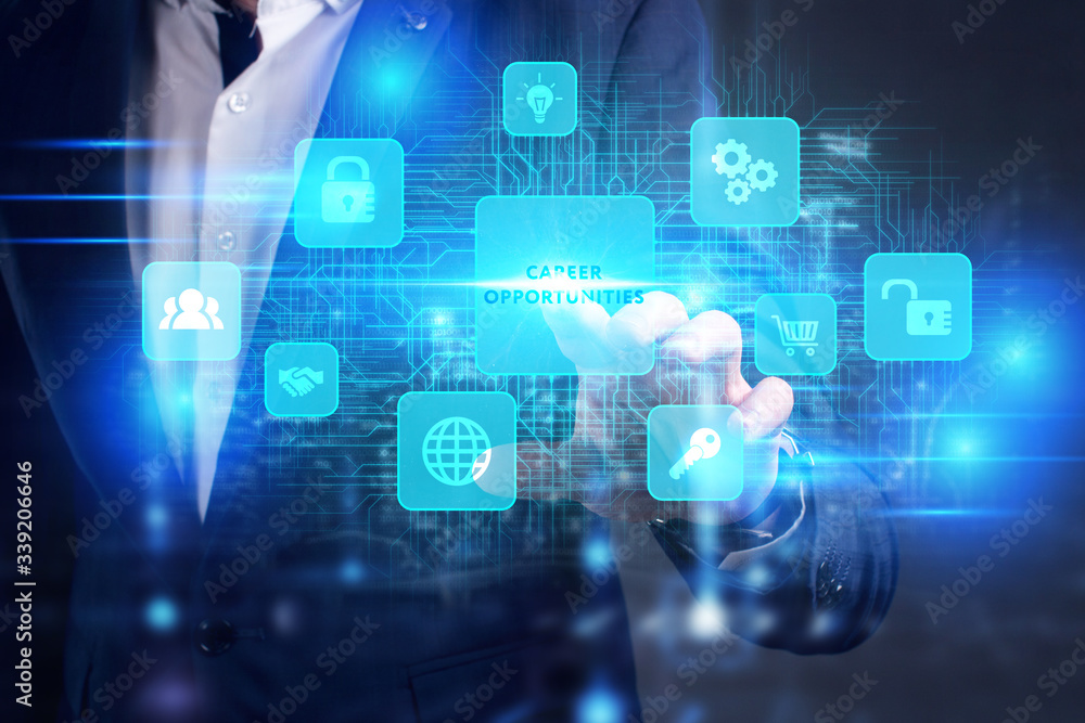 Business, Technology, Internet and network concept. Young businessman working on a virtual screen of the future and sees the inscription: Career opportunities