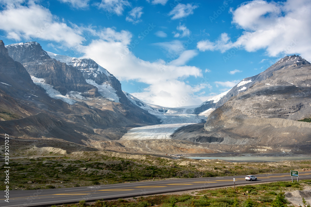 Icefields Parkway and Athabasca glacier in Jasper National park,  Rocky Mountains, Alberta, Canada