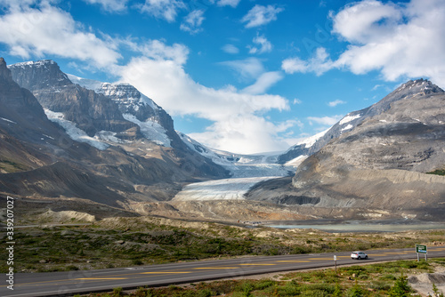 Icefields Parkway and Athabasca glacier in Jasper National park,  Rocky Mountains, Alberta, Canada © Delphotostock