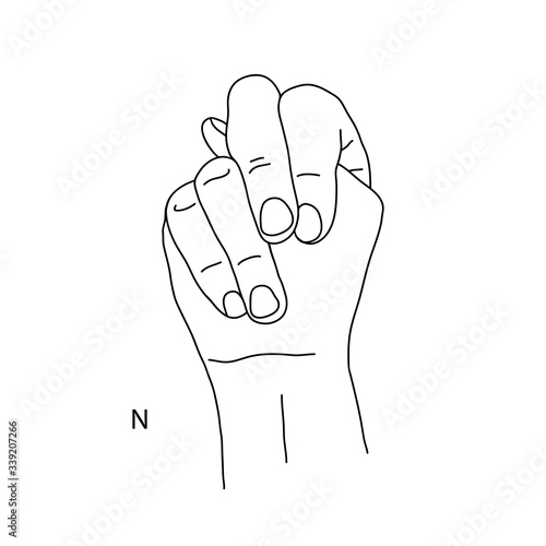 N is the fourteenth letter of the alphabet in sign language. A gesture in the shape of a fist with a protruding tip of the thumb. Black and white drawing of a hand. Deaf and dumb language