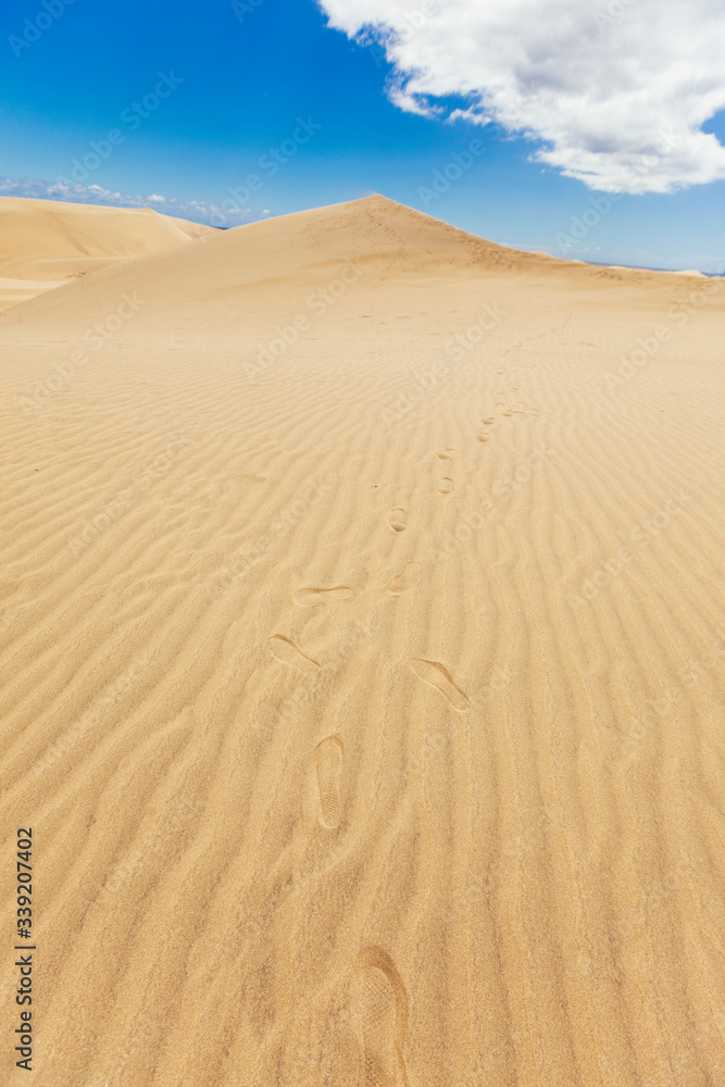 Unrecognizable foot tracks in the desert. Warm weather in summer holidays. Travel to Canary Islands concept. Maspalomas natural dry dunes landscape. Spring vacations in spanish destination. Unrecognizable foot tracks in the desert. Warm weather in summer holidays. Travel to Canary Islands concept. Maspalomas natural dry dunes landscape. Spring vacations in spanish destination.