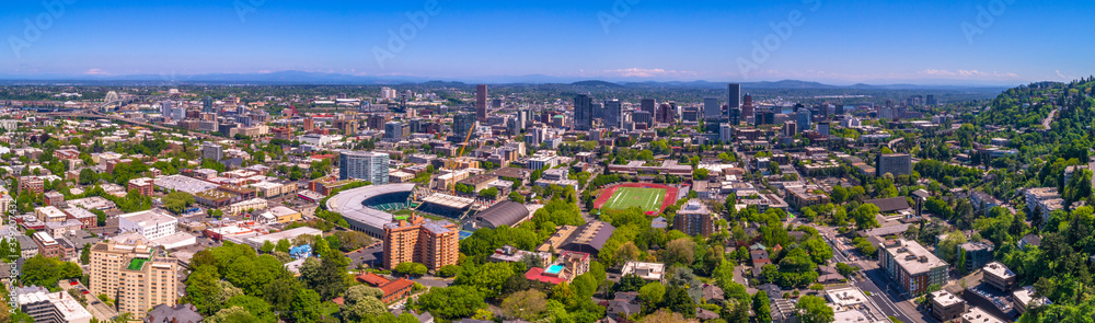 Panorama of Downtown Portland Oregon on a Sunny Day	Timbers Stadium