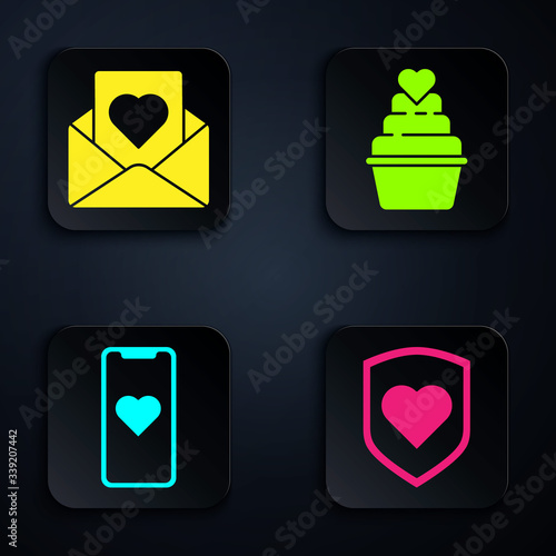 Set Heart with shield, Envelope with heart, Mobile phone with heart and Wedding cake with heart. Black square button. Vector