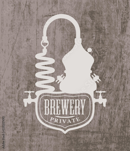 Vector banner with the logo of a Private Brewery printed on a wooden background. Suitable for bar, pub, brasserie, beer house, brewing company, tavern, restaurant. Craft beer production emblem