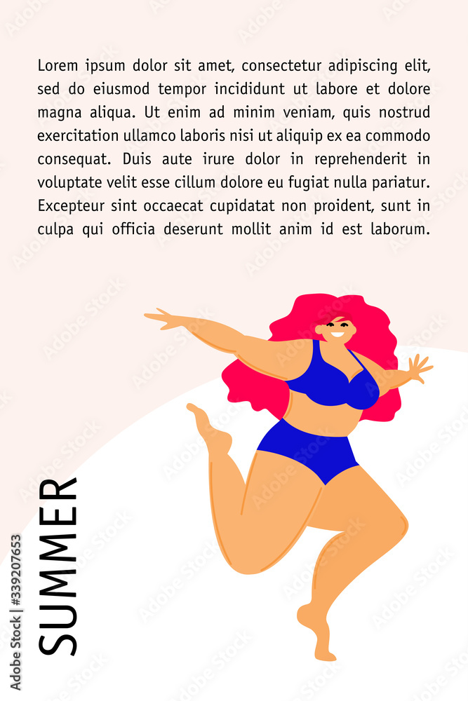 Obraz premium Cartoon lady in swimsuit card template. Summer girl fashion look for design party card, sale advertising, spa resort poster, t shirt or bag print etc.