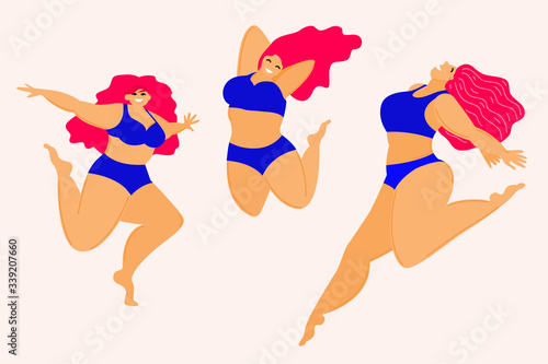 Cartoon lady in swimsuit card template. Summer girl  fashion look for design party card, sale advertising, spa resort poster, t shirt or bag print etc.