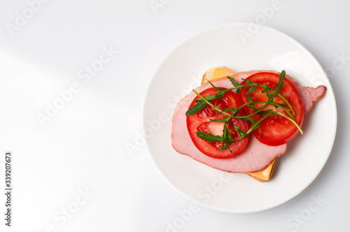 Sandwich of sturgeon, cheese, bread, tomatoes and arugula on a white background on a plate view from the top, there is a place for text