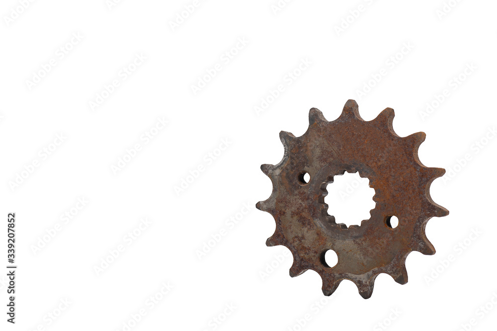 Rusty metal steel gears spare parts isolated on white background Rusty metal steel gears spare parts isolated on white background
