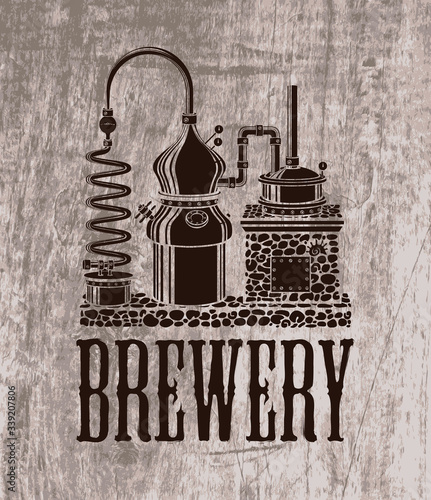 Vector banner for Brewery with inscription and old brewing equipment on a wooden background. Decorative illustration of craft beer production in retro style