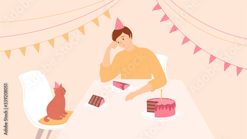 Young sad man sitting at the table. Birthday celebration alone with cat. Pink cake with a candle and a cut piece. Flat vector illustration for banner, card. Quarantine holiday concept.