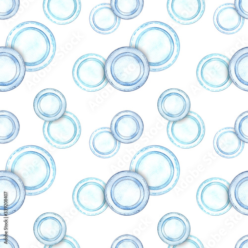 Seamless pattern, plates, watercolor. Design for kitchen, cafe, and interior.