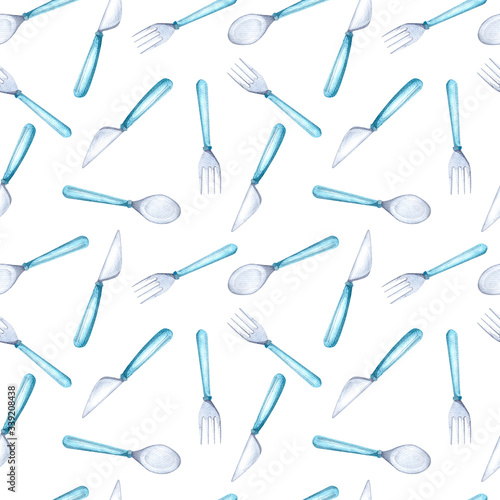 Seamless pattern, Cutlery: spoon, fork, knife. Watercolors. Design for kitchen, cafe, and interior.