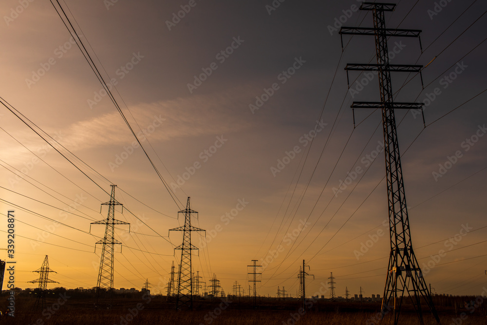 The silhouette of pylon, the pylon in the evening