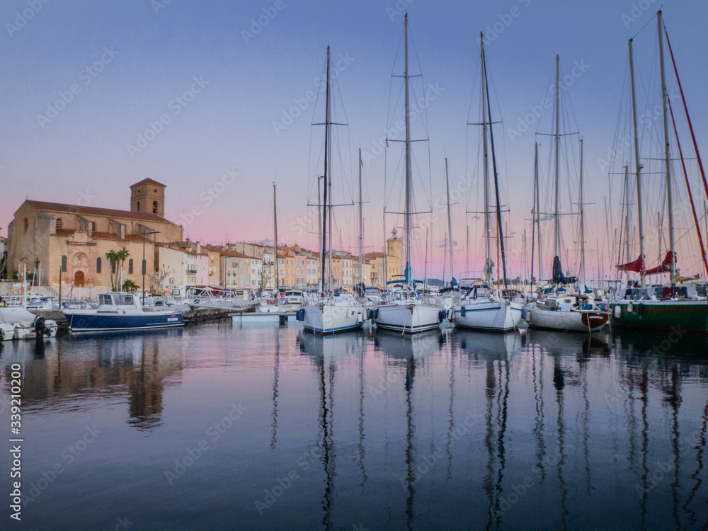 Sunset at old harbor in french city La Ciotat