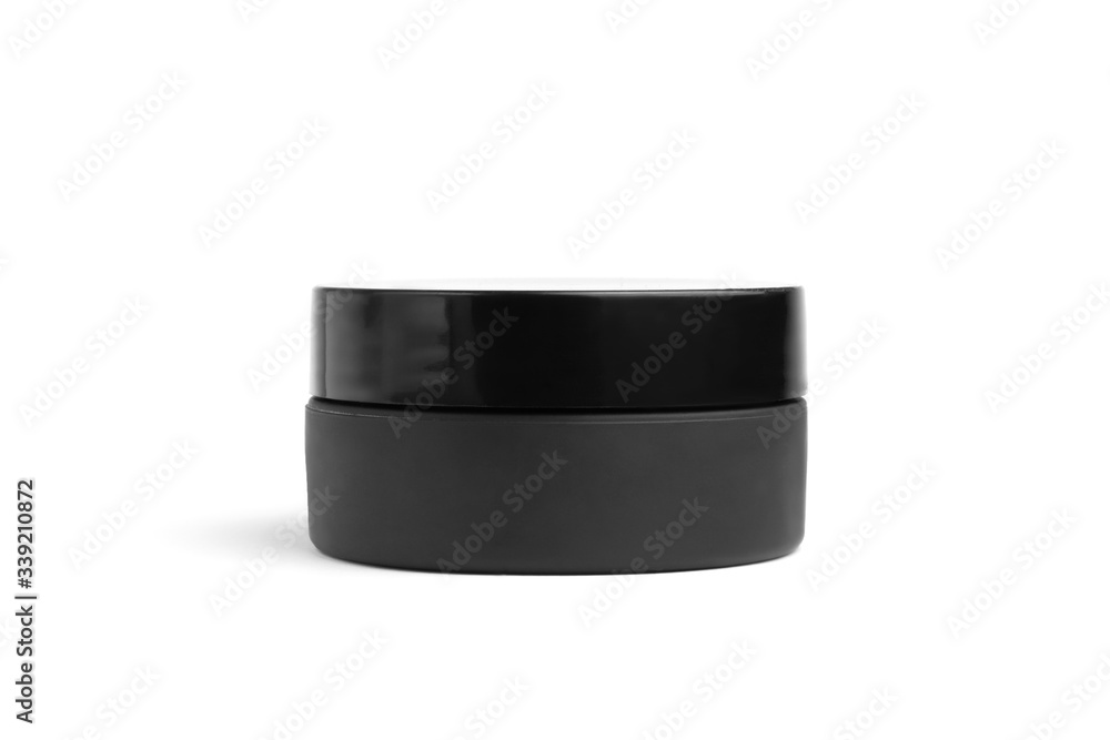Black cream container jar isolated on white background, blank, front view. Men's cosmetics concept Black cream container jar isolated on white background, blank, front view. Men's cosmetics concept