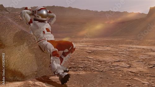 Astronaut sitting on Mars and admiring the scenery. Exploring Mission To Mars. Futuristic Colonization and Space Exploration Concept. Elements of this video furnished by NASA. 3d rendering.