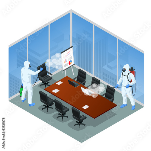 Isometric man wearing a protective suit disinfects office workspace with a spray gun. Virus pandemic COVID-19. Prevention against Coronavirus disease COVID-19.