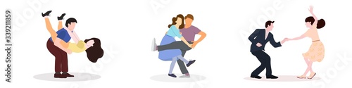 Set dancing couples silhouettes on white background. People in 1940s or 1950s style. Men and women on swing, jazz, lindy hop or boogie woogie party. Vector illustration.