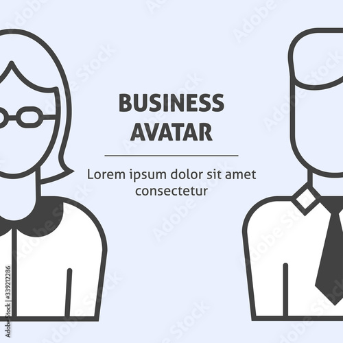 A square image with the vector business avatar of a  woman and a man. An illustration for business template design.