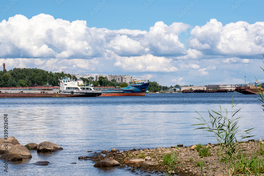 The Bay of an industrial port with ships moored in the roadstead.