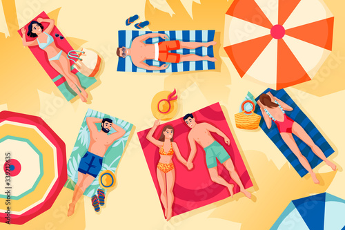 People relax and sunbathe on beach. Vector top view illustration. Summer outdoor leisure, vacation, holiday concept.