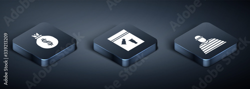 Set Isometric Money bag, Prisoner and Evidence bag and bullet icon. Vector