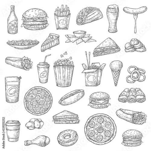 Fast food burgers, drinks and desserts vector sketch icons. Pizza and hamburger sandwich, chicken wings, nuggets and hot dog, burrito and tacos, french fries and noodles, ice cream and popcorn