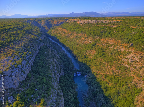 Aerial view of the canyon of waterfall located in Promina County at Dalmatian Zagora in Croatian National Park Krka. photo