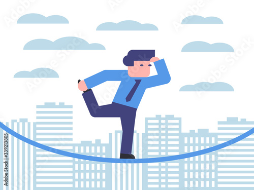 Flexible work time. Flexibility in business. Business adaptation to economic change in crisis. Businessman balancing and looking forward in perspective of future.