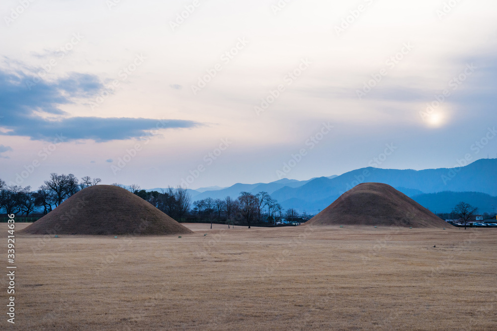 Daereungwon Ancient Tombs in Gyeongju-si, South Korea. Daereungwon is the grave of kings of the Silla era.
