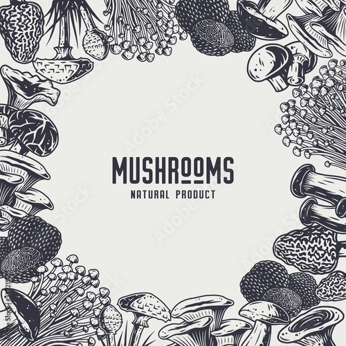 Autumn forest mushroom picking, vegan menu frame
